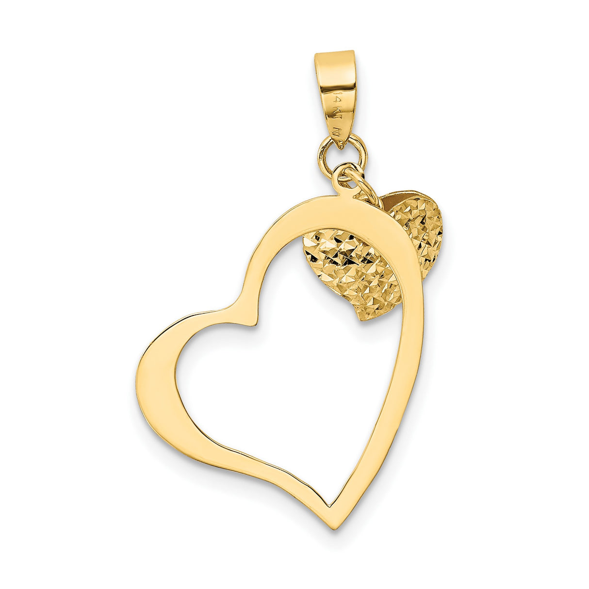 14k Yellow Gold Heart Pendant with Textured Solid and Polished Open Heart Design