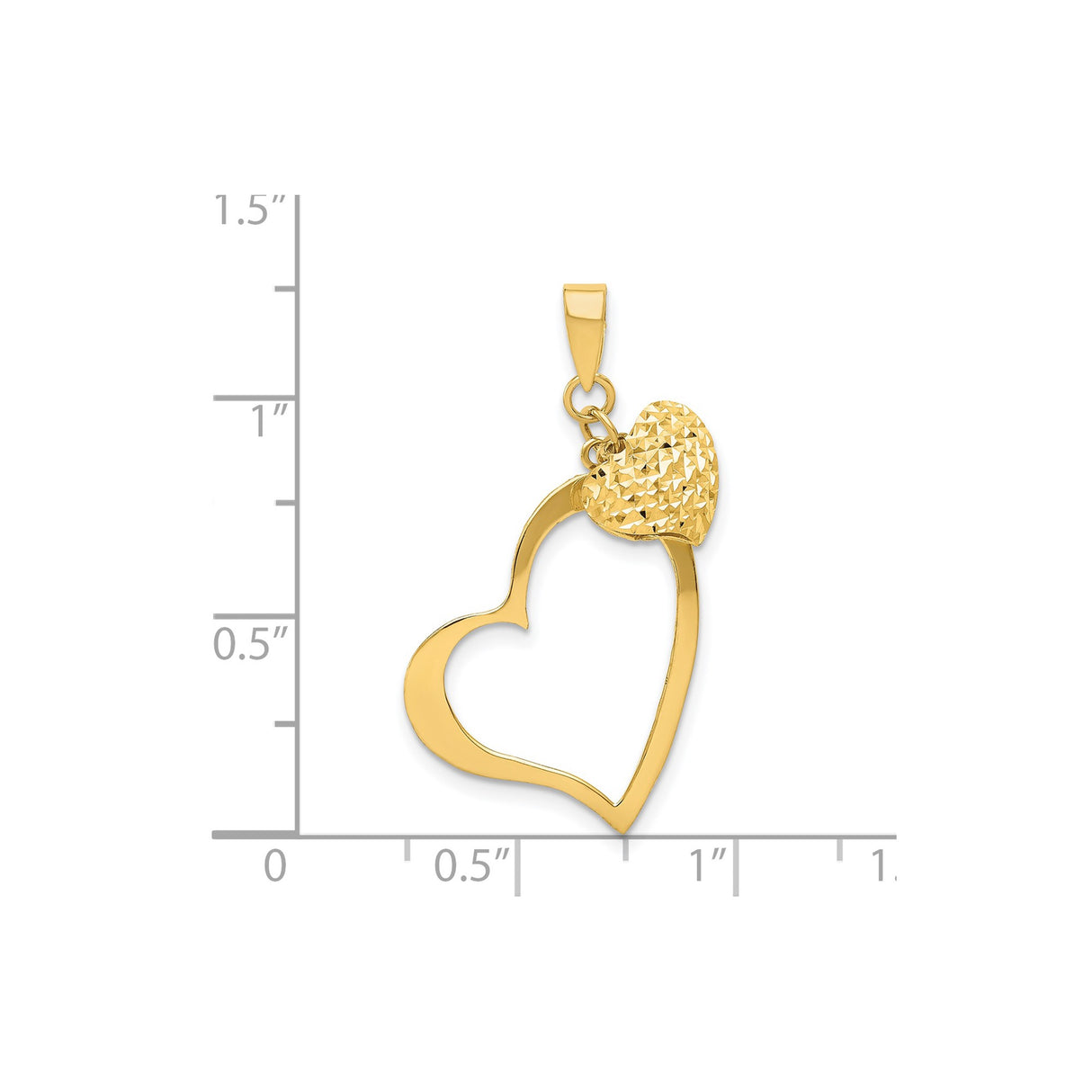 14k Yellow Gold Heart Pendant with Textured Solid and Polished Open Heart Design
