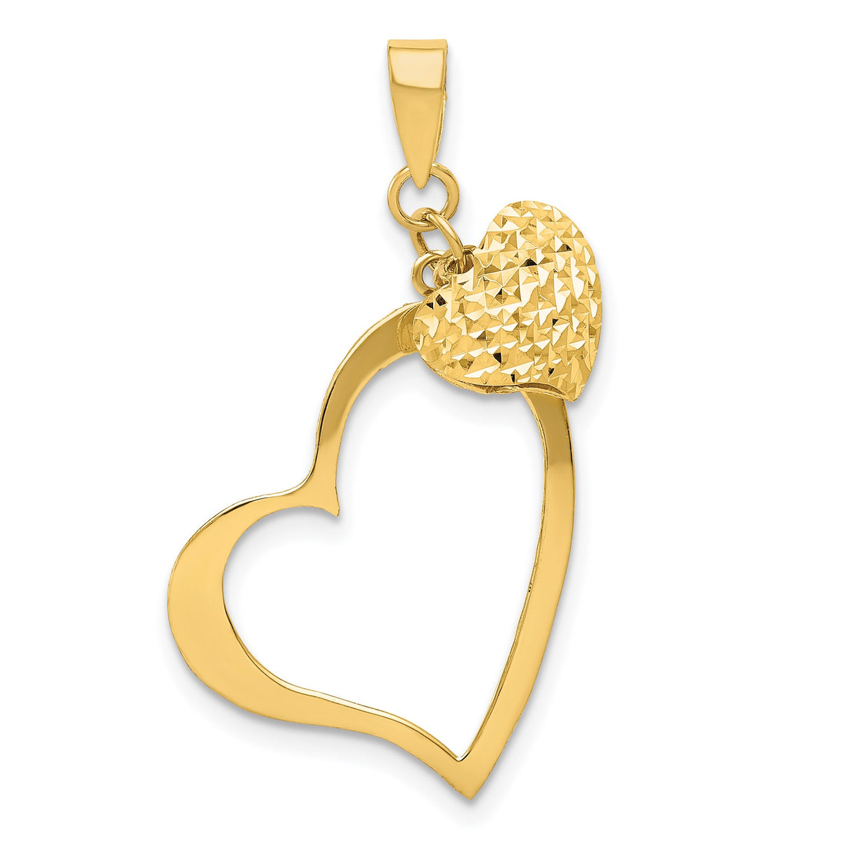 14k Yellow Gold Heart Pendant with Textured Solid and Polished Open Heart Design