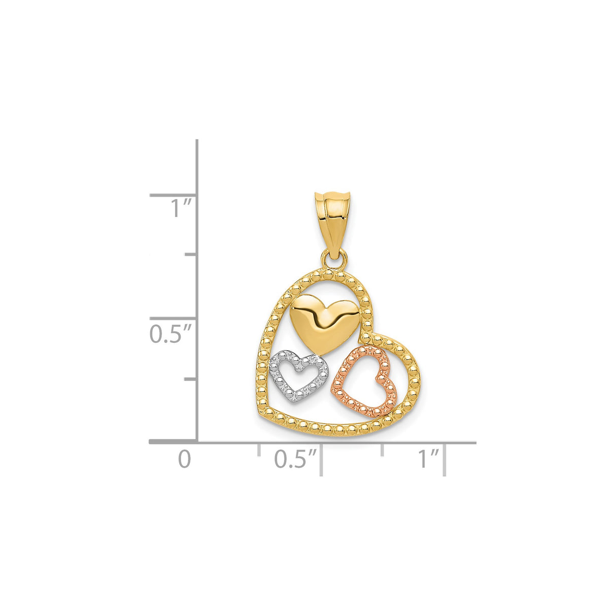 14k Multi-Tone Gold Heart Pendant with Three Interlocking Hearts in Yellow, White, and Rose Gold