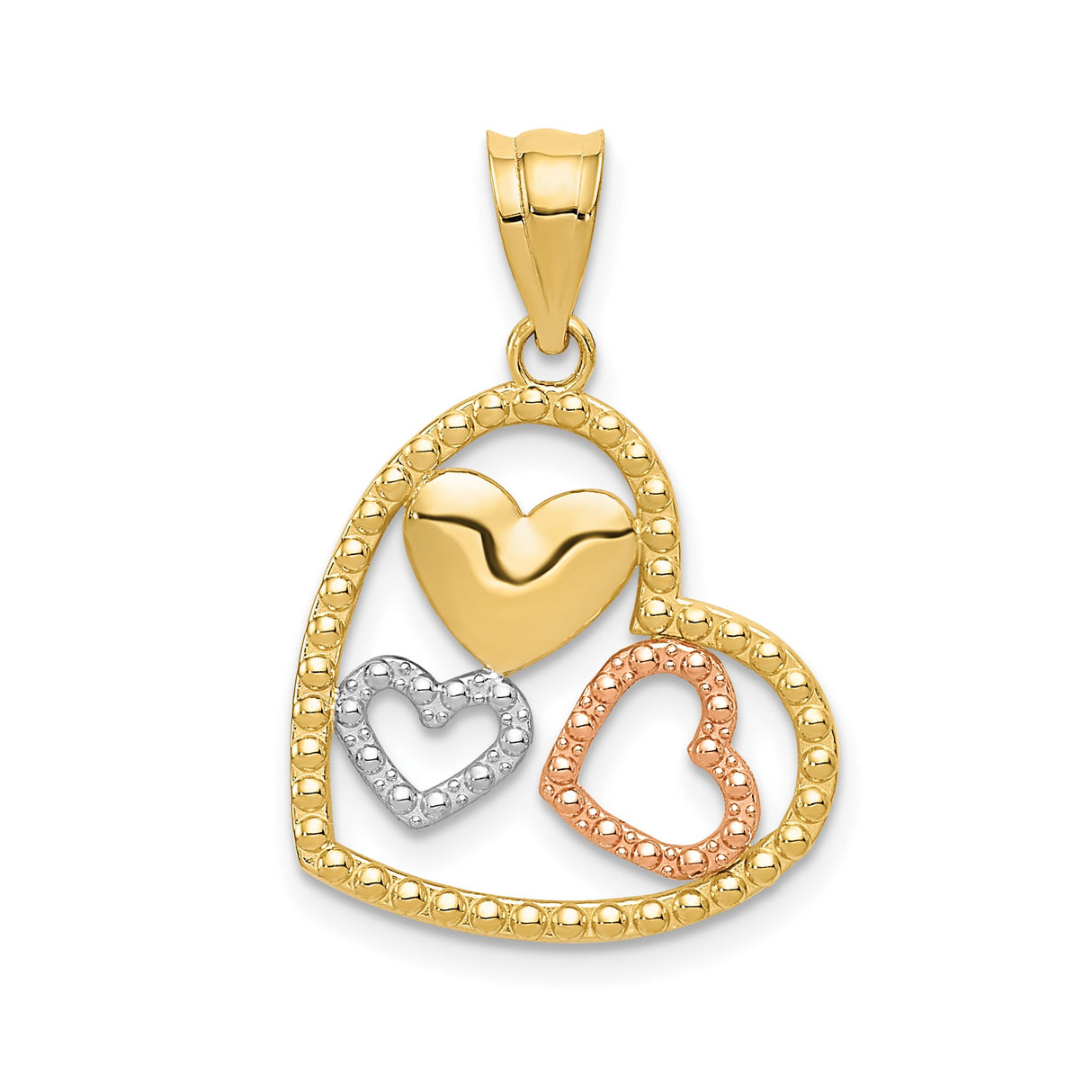 14k Multi-Tone Gold Heart Pendant with Three Interlocking Hearts in Yellow, White, and Rose Gold