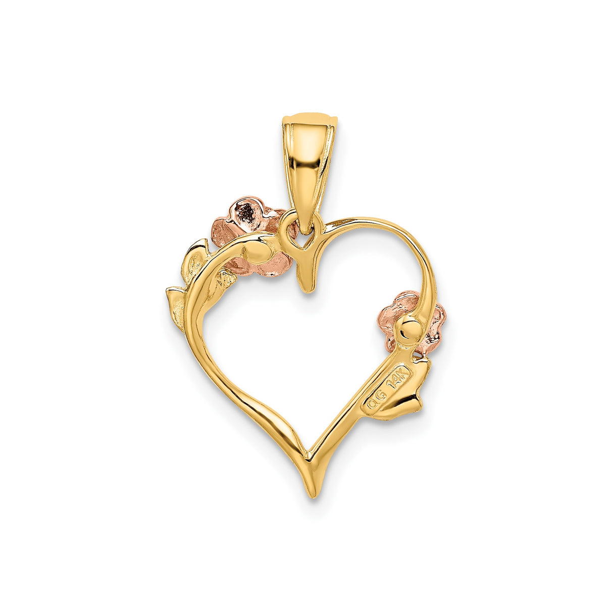 14k Two-Tone Gold Heart Pendant with Rose and White Gold Floral Accents