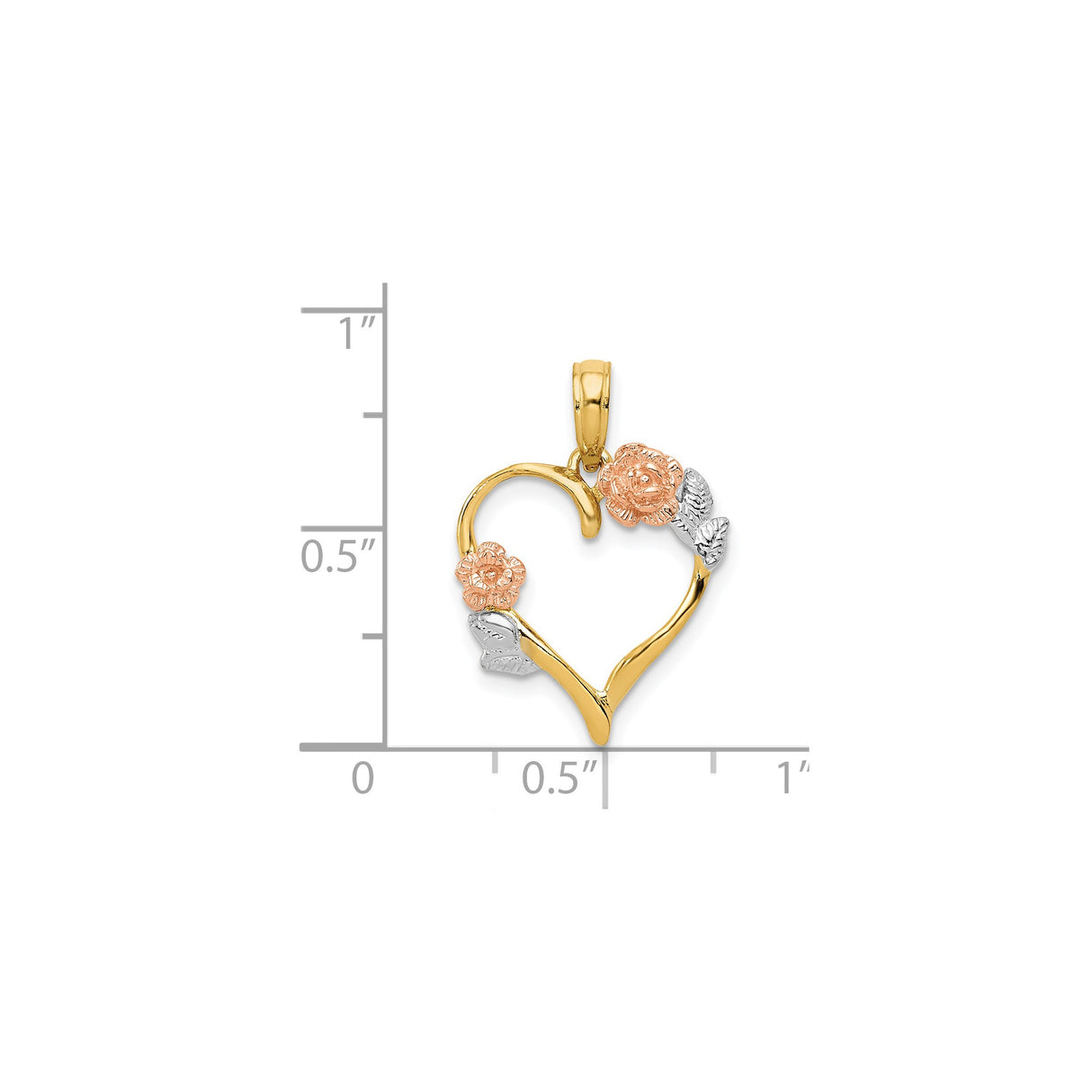 14k Two-Tone Gold Heart Pendant with Rose and White Gold Floral Accents