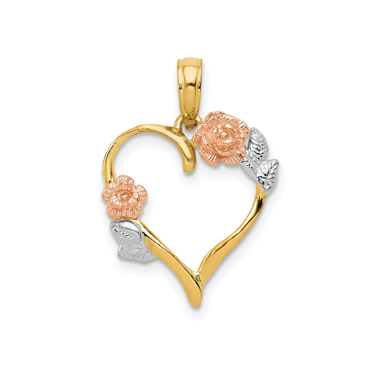 14k Two-Tone Gold Heart Pendant with Rose and White Gold Floral Accents
