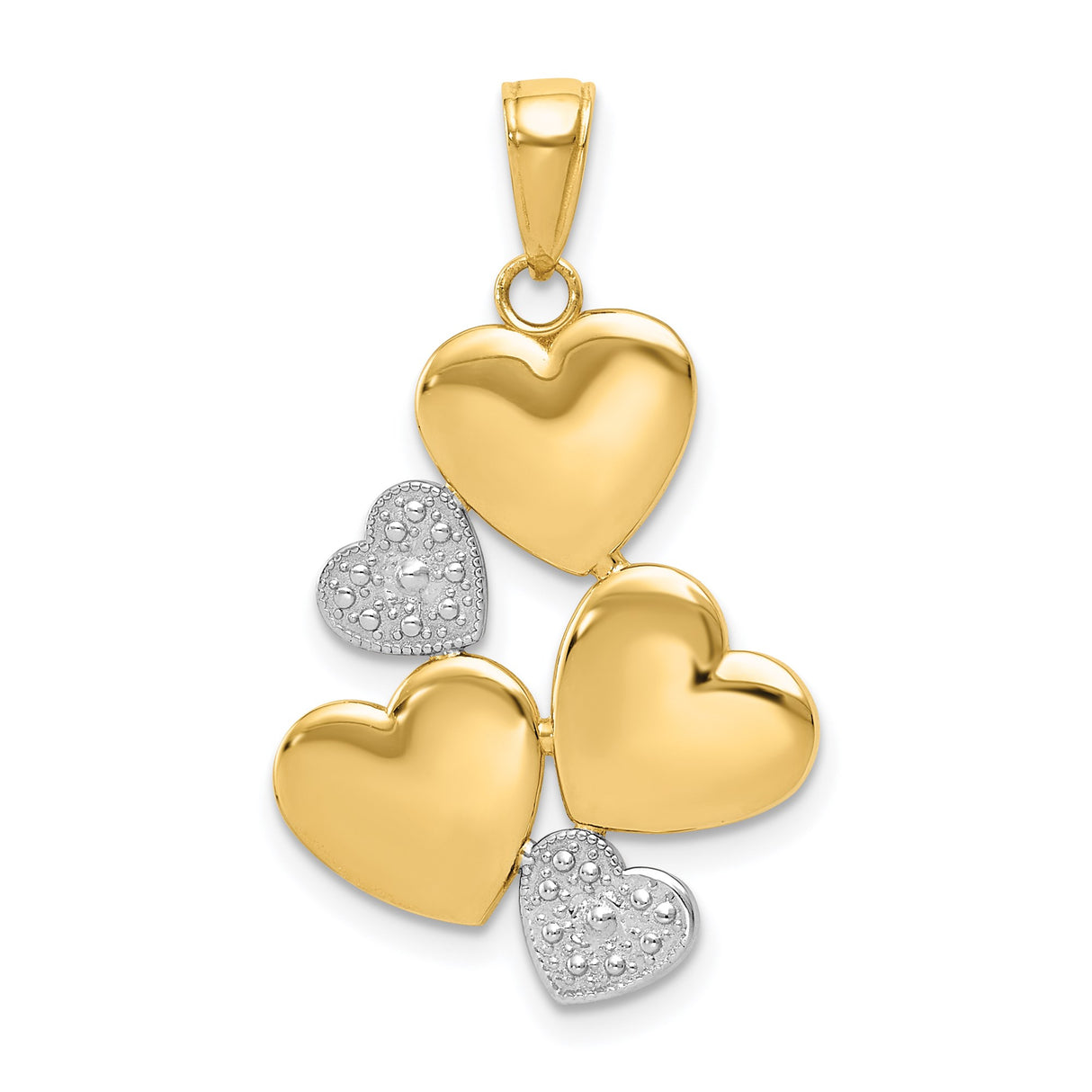 14k Yellow Gold Heart Pendant, Five-Heart Cluster in Textured and Polished Two-Tone Finish