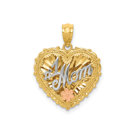 14k Tri Color Gold Heart Pendant with Pink Flower Accent and #1 Mom Design