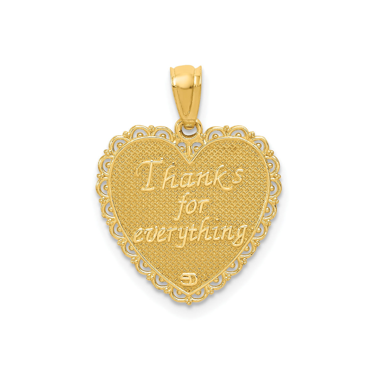 14k Yellow Gold Heart Pendant with Textured Background and Filigree Border for Mom
