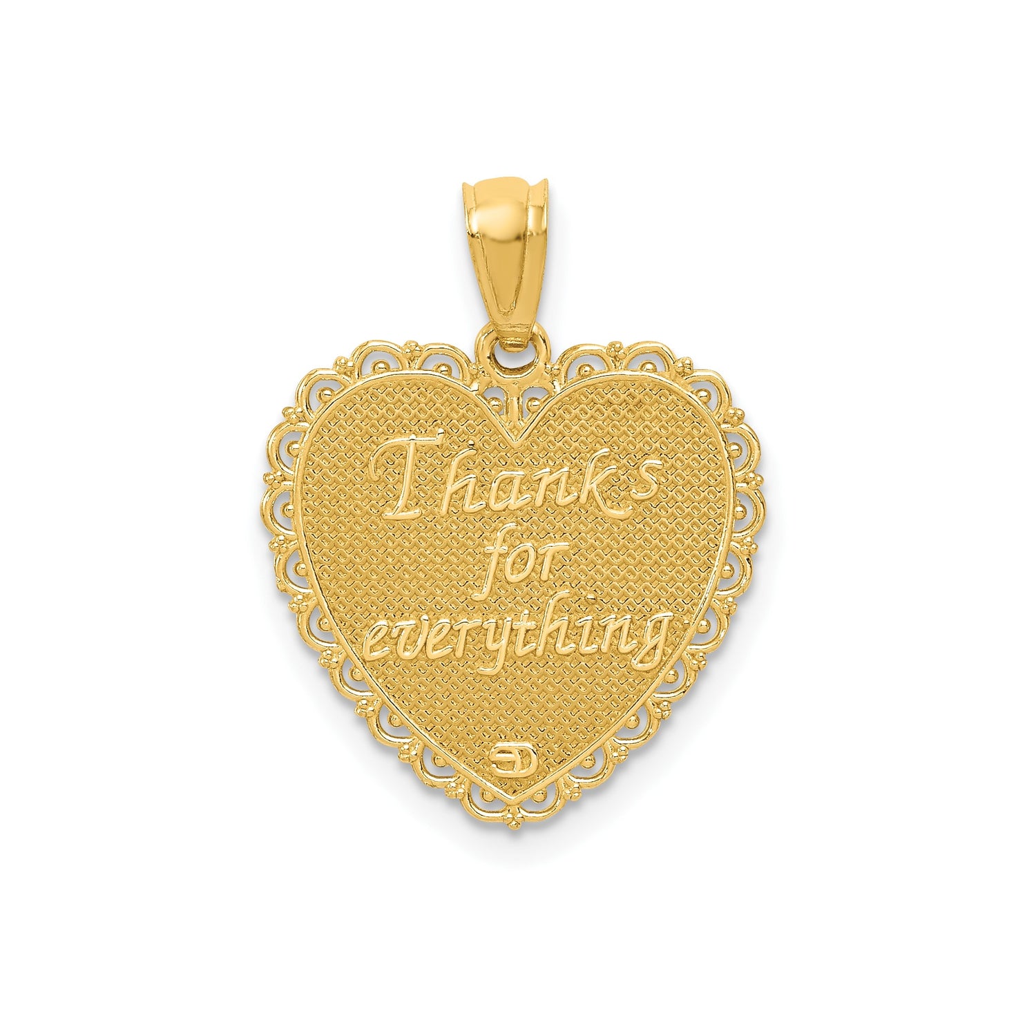 14k Yellow Gold Heart Pendant with Textured Background and Filigree Border for Mom