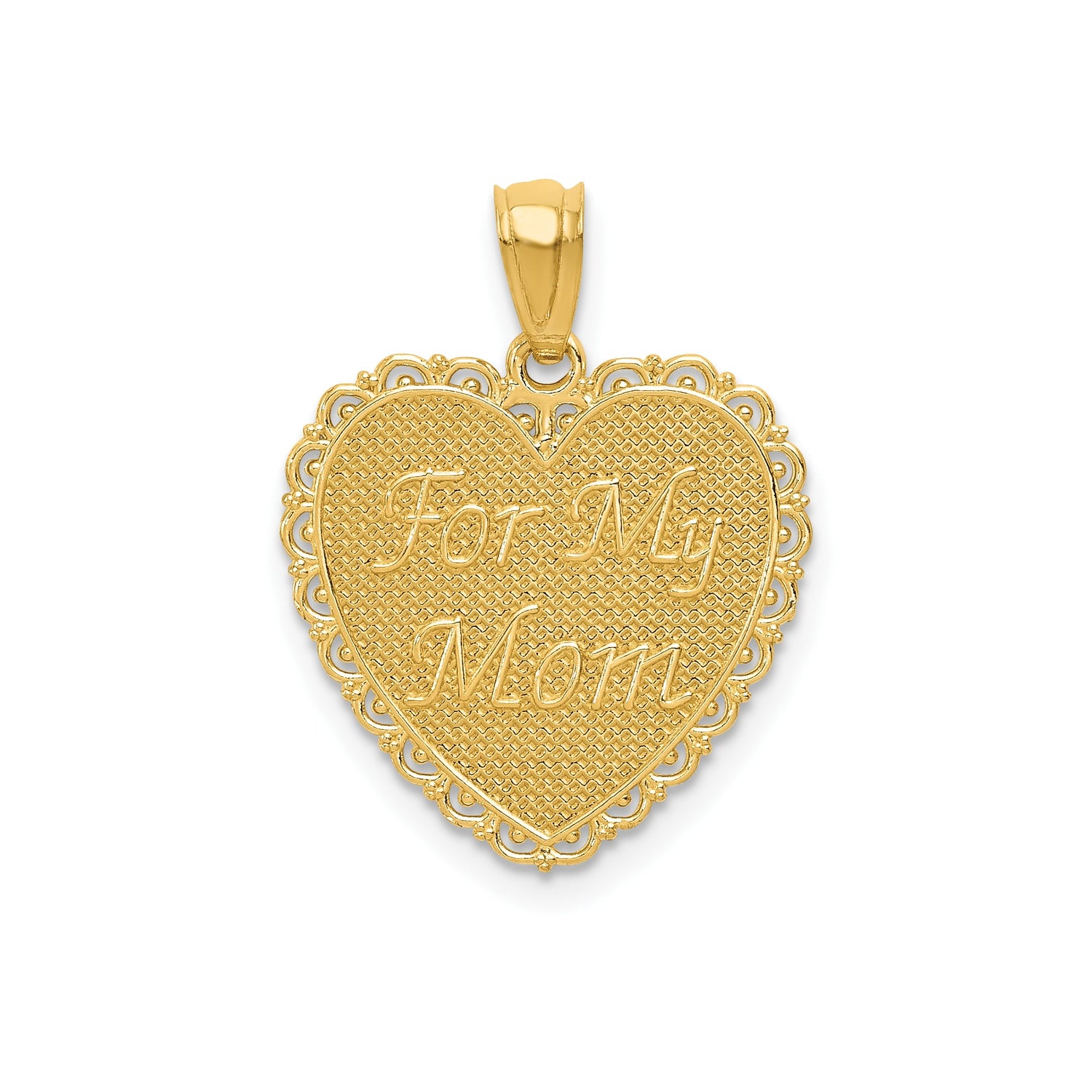 14k Yellow Gold Heart Pendant with Textured Background and Filigree Border for Mom