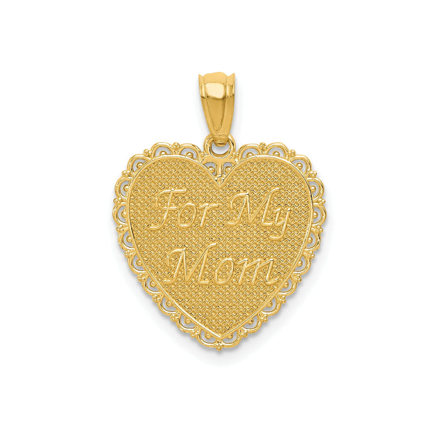 14k Yellow Gold Heart Pendant with Textured Background and Filigree Border for Mom