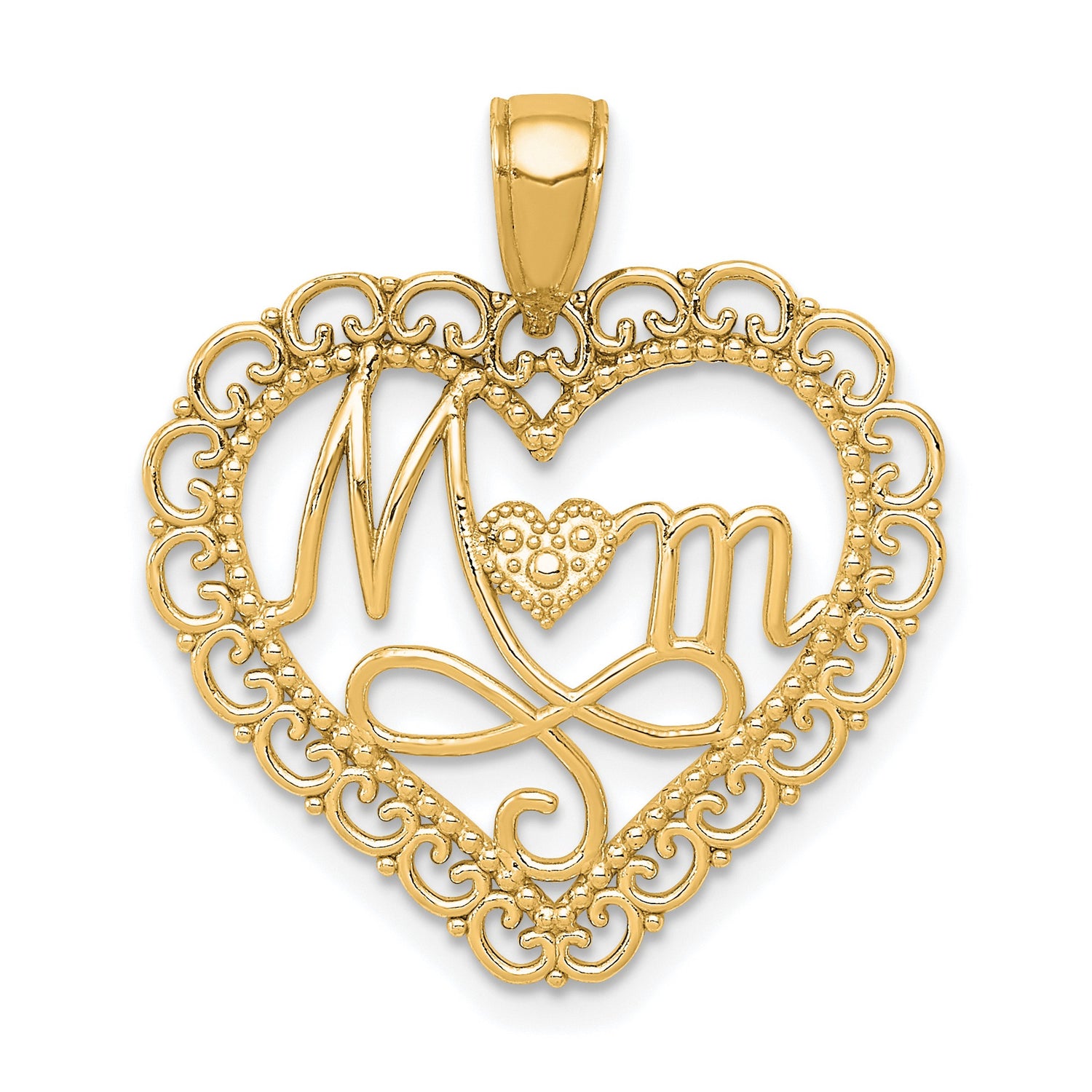 14k Yellow Gold Heart Shaped Mom Pendant with Infinity Symbol and Textured Design