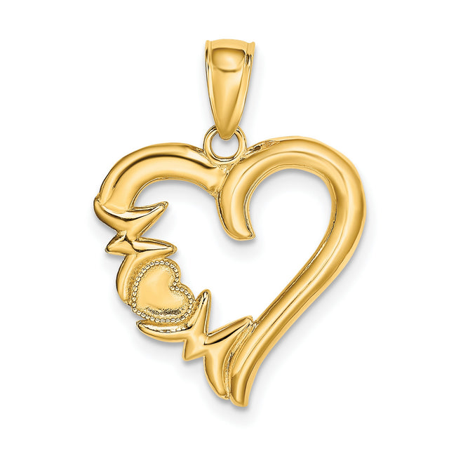 14k Yellow Gold Heart Pendant with Small Heart and Star Accents, Polished Romantic Design