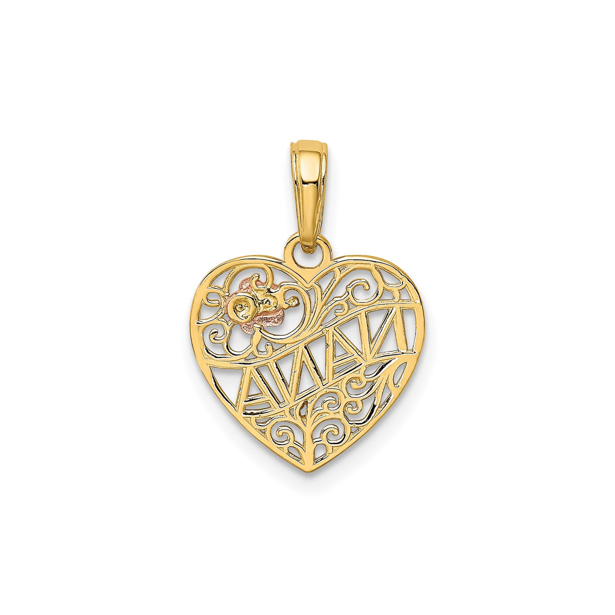 14k Two-Tone Gold Heart Pendant with Filigree, Rose Flower Accent, Nana Script for Women