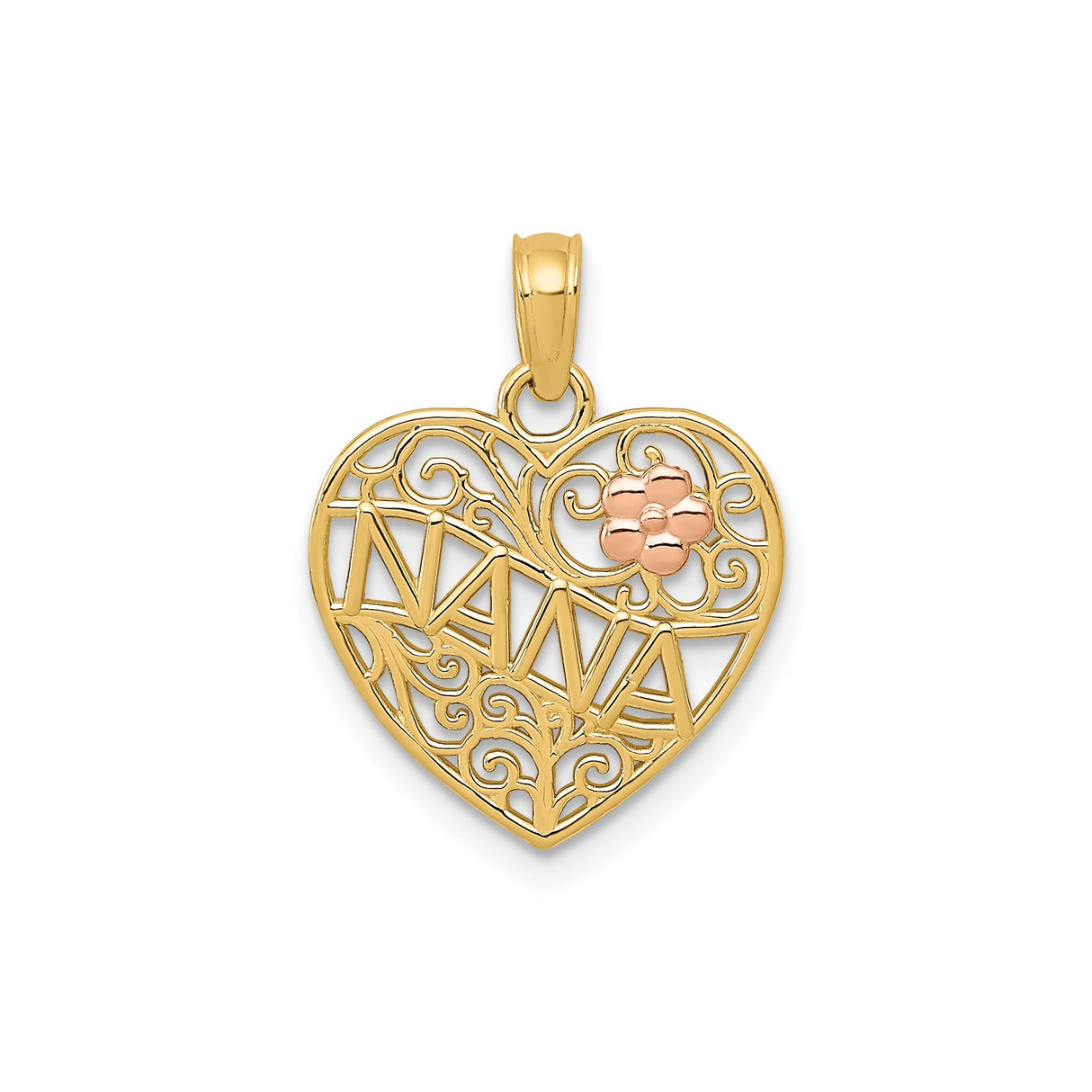 14k Two-Tone Gold Heart Pendant with Filigree, Rose Flower Accent, Nana Script for Women
