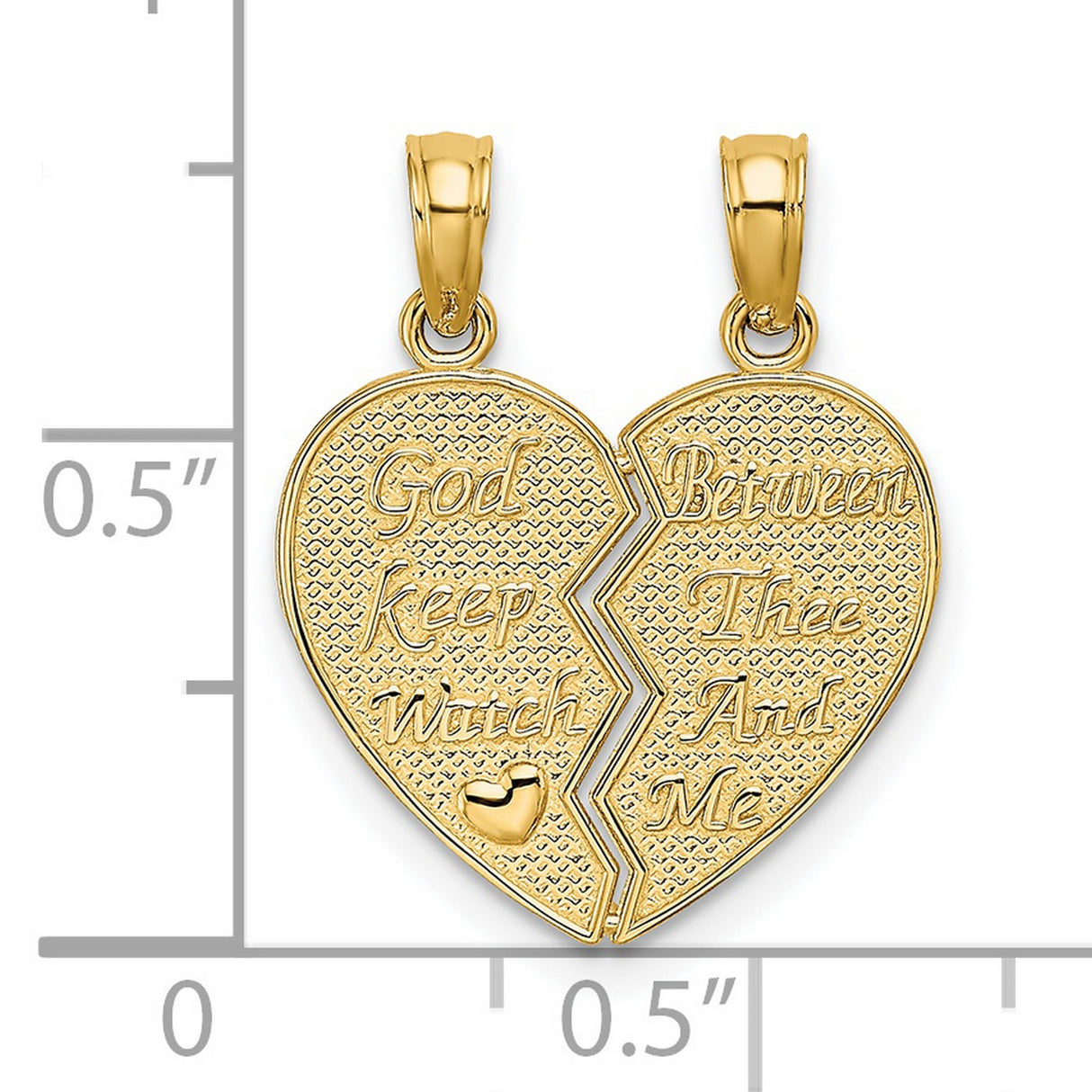 14k Yellow Gold Break Apart Heart Pendant, Christian Inscribed Dual Piece Jewelry for Couples