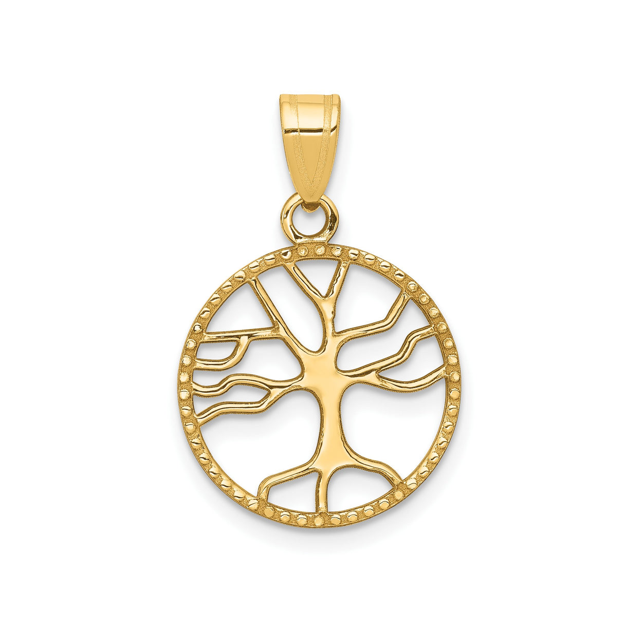 14k Yellow Gold Tree of Life Pendant with Beaded Circle Border and Celtic Openwork Design