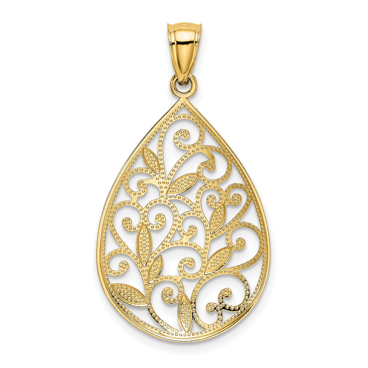 14k Yellow Gold Teardrop Pendant with Openwork Filigree Floral and Vine Design