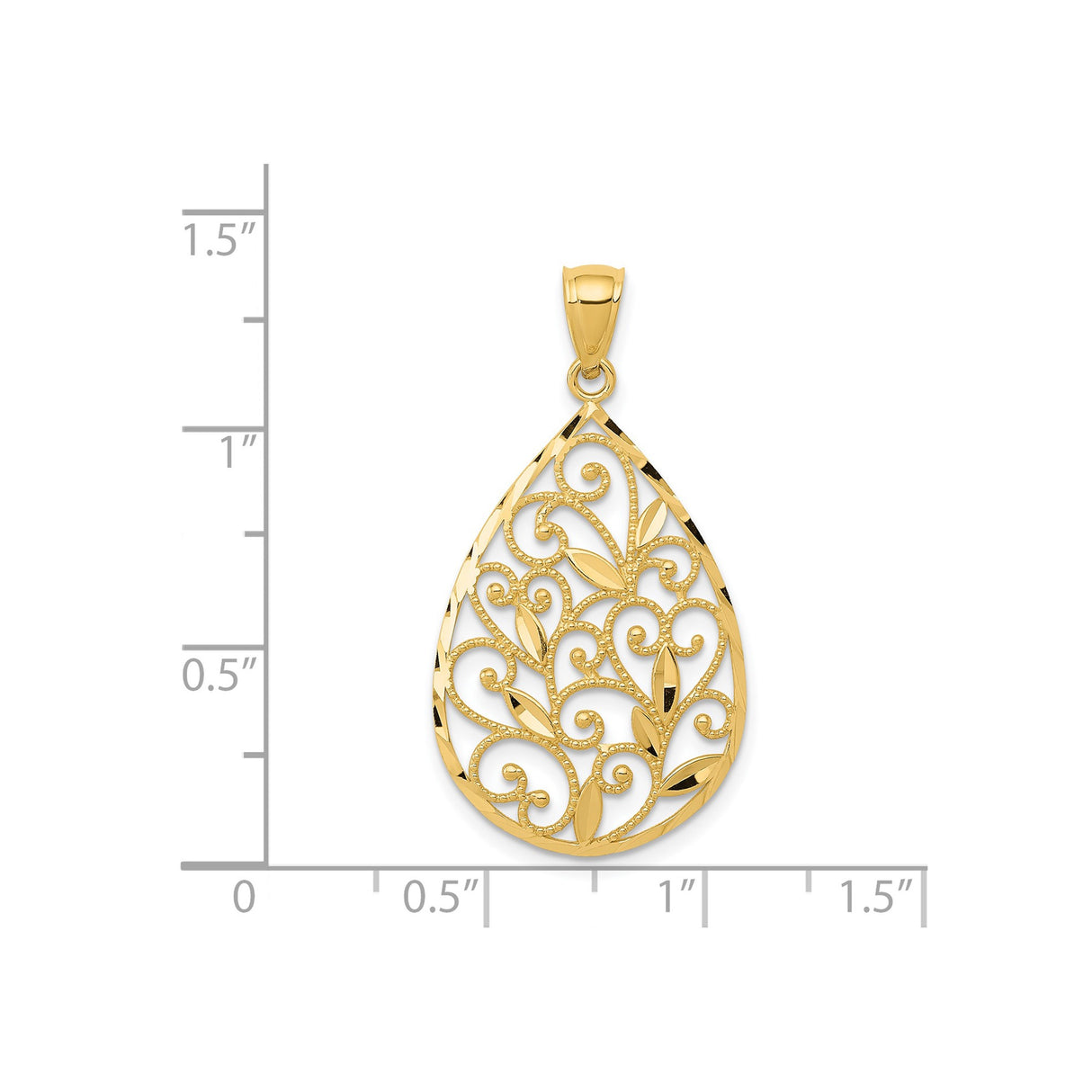 14k Yellow Gold Teardrop Pendant with Openwork Filigree Floral and Vine Design