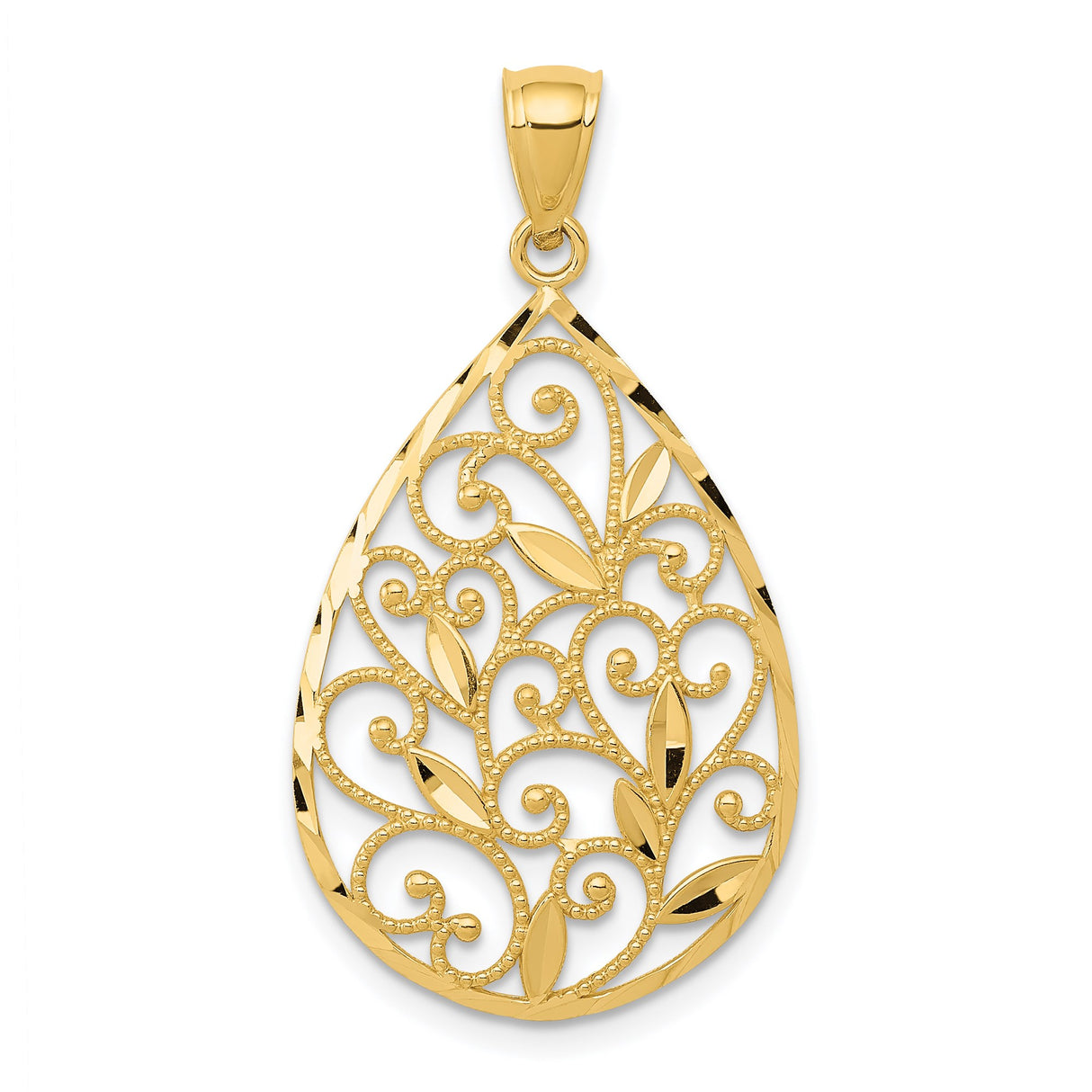 14k Yellow Gold Teardrop Pendant with Openwork Filigree Floral and Vine Design