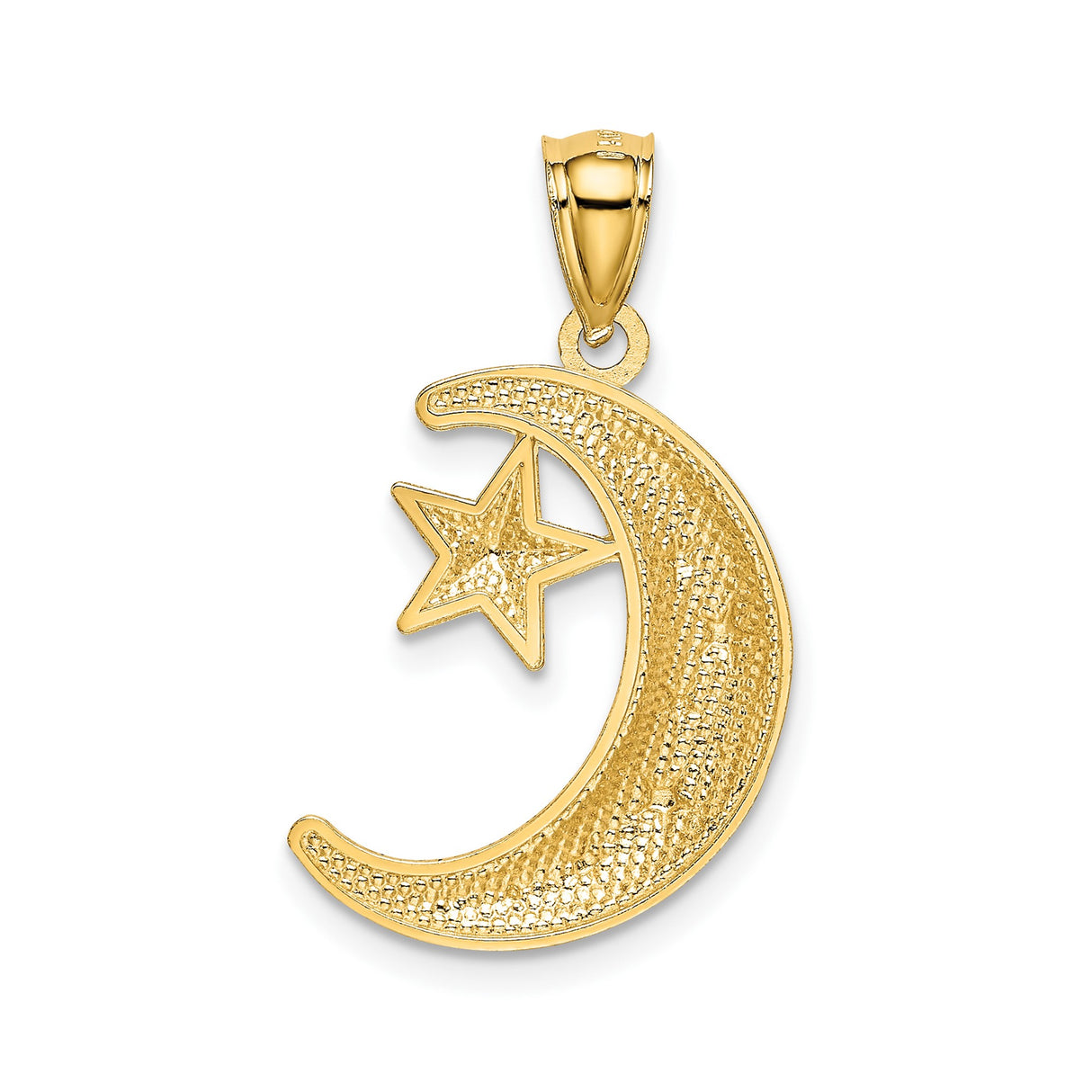 14k Yellow Gold Crescent Moon and Star Pendant, Textured Celestial Jewelry for Women and Unisex