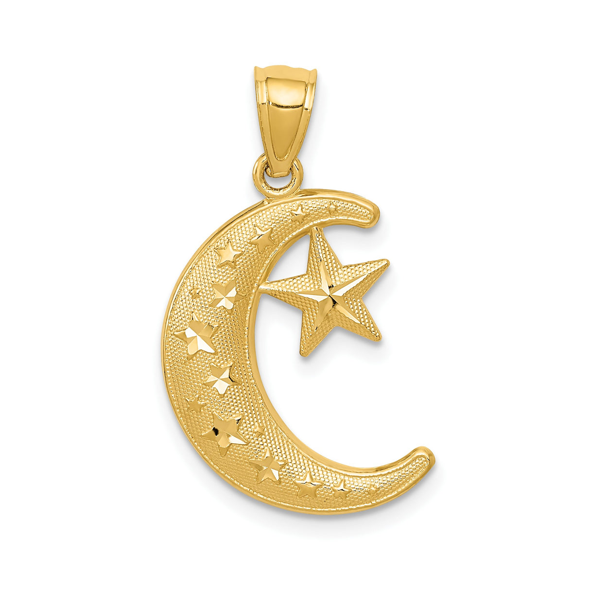 14k Yellow Gold Crescent Moon and Star Pendant, Textured Celestial Jewelry for Women and Unisex