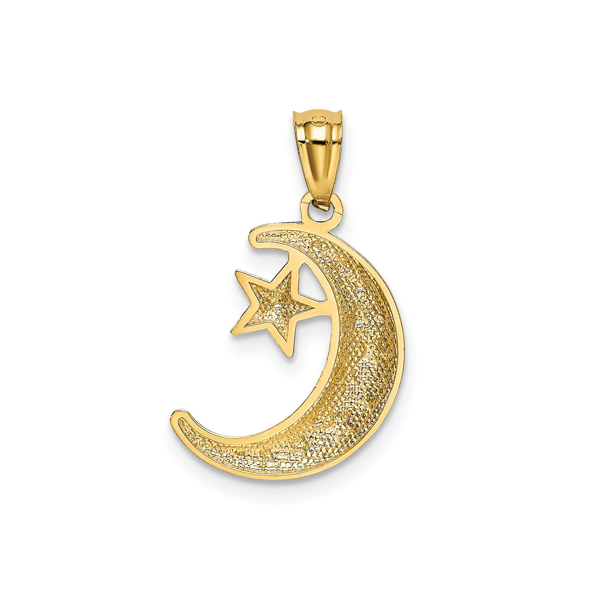 14k Yellow Gold Crescent Moon and Star Pendant, Textured Celestial Design for Women or Unisex Wear