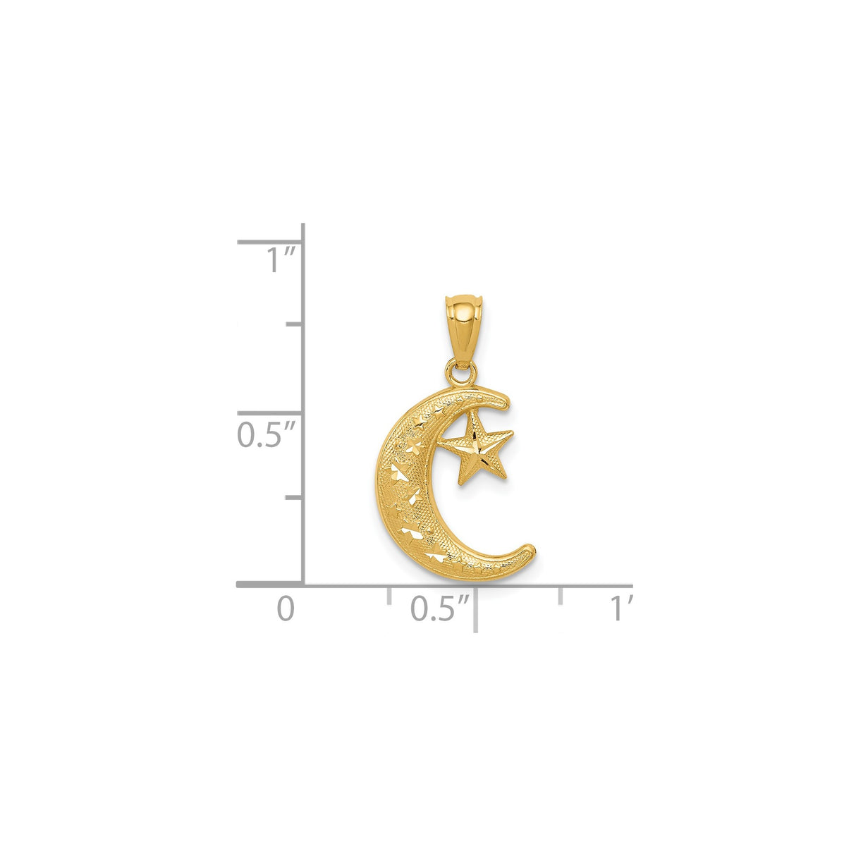 14k Yellow Gold Crescent Moon and Star Pendant, Textured Celestial Design for Women or Unisex Wear