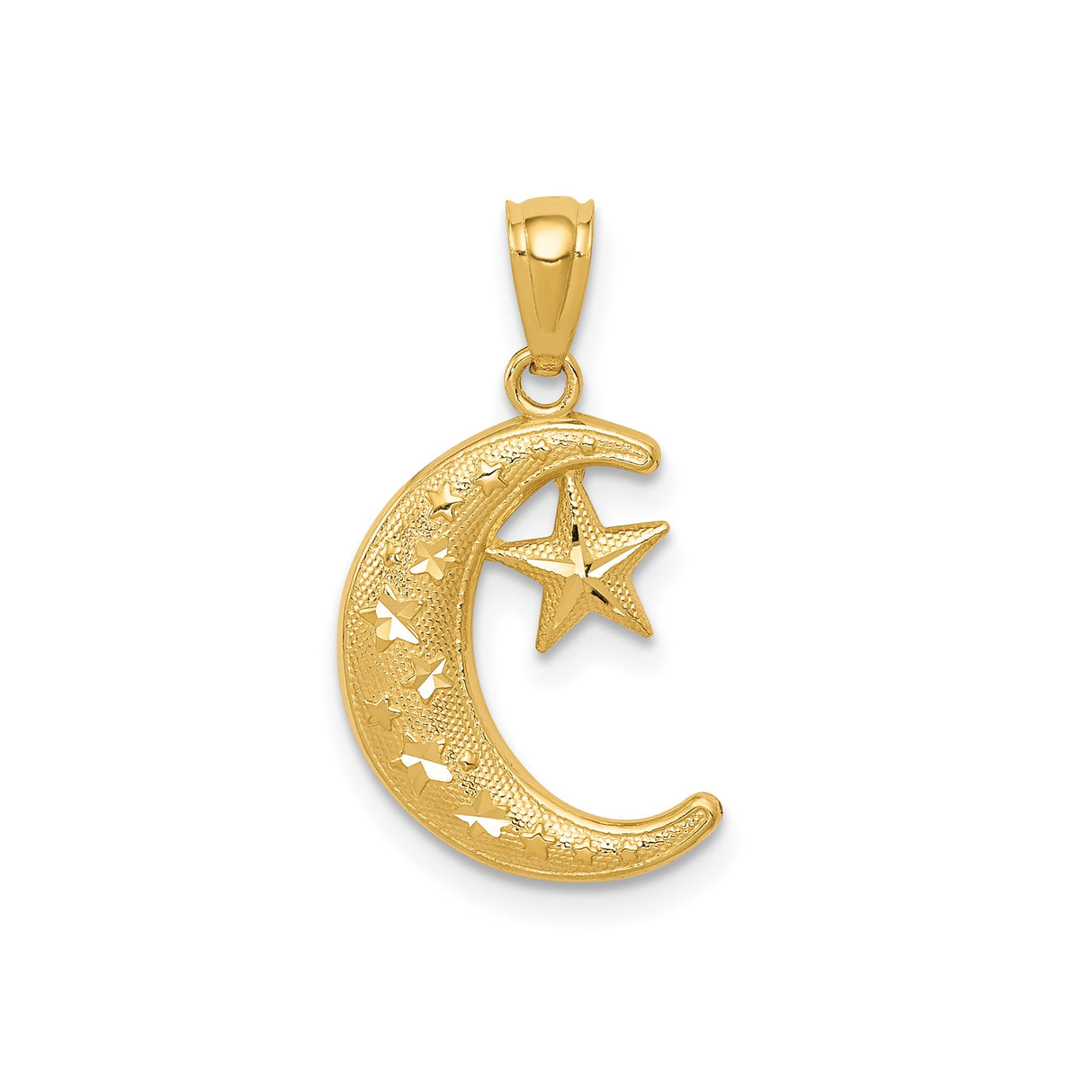 14k Yellow Gold Crescent Moon and Star Pendant, Textured Celestial Design for Women or Unisex Wear