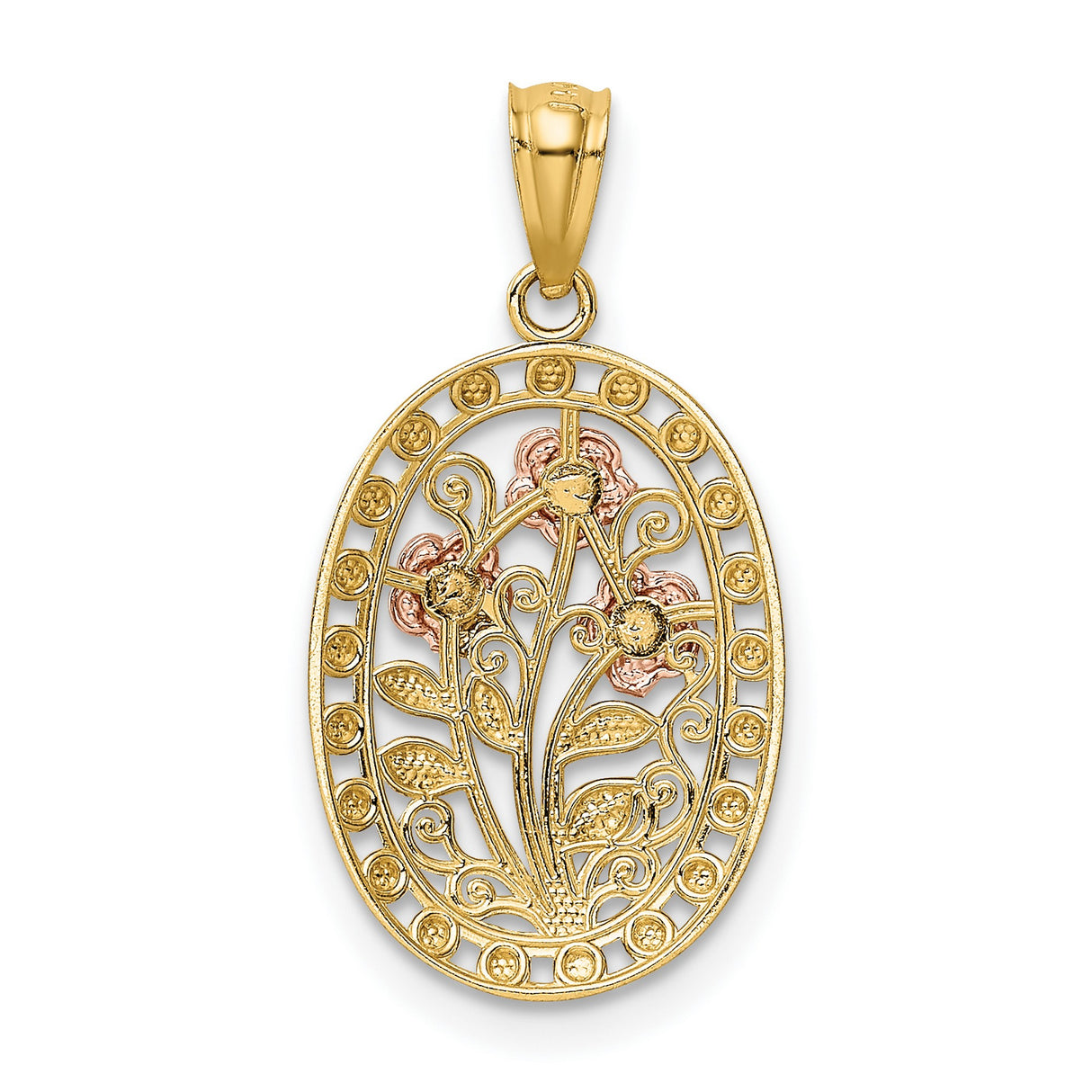 14k Two-Tone Gold Oval Pendant with Rose Scrollwork Floral Design for Women