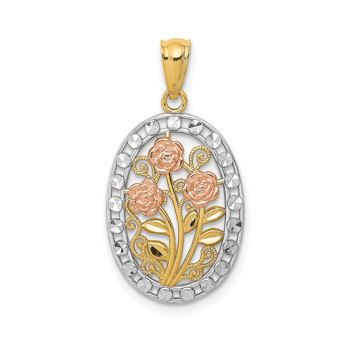 14k Two-Tone Gold Oval Pendant with Rose Scrollwork Floral Design for Women