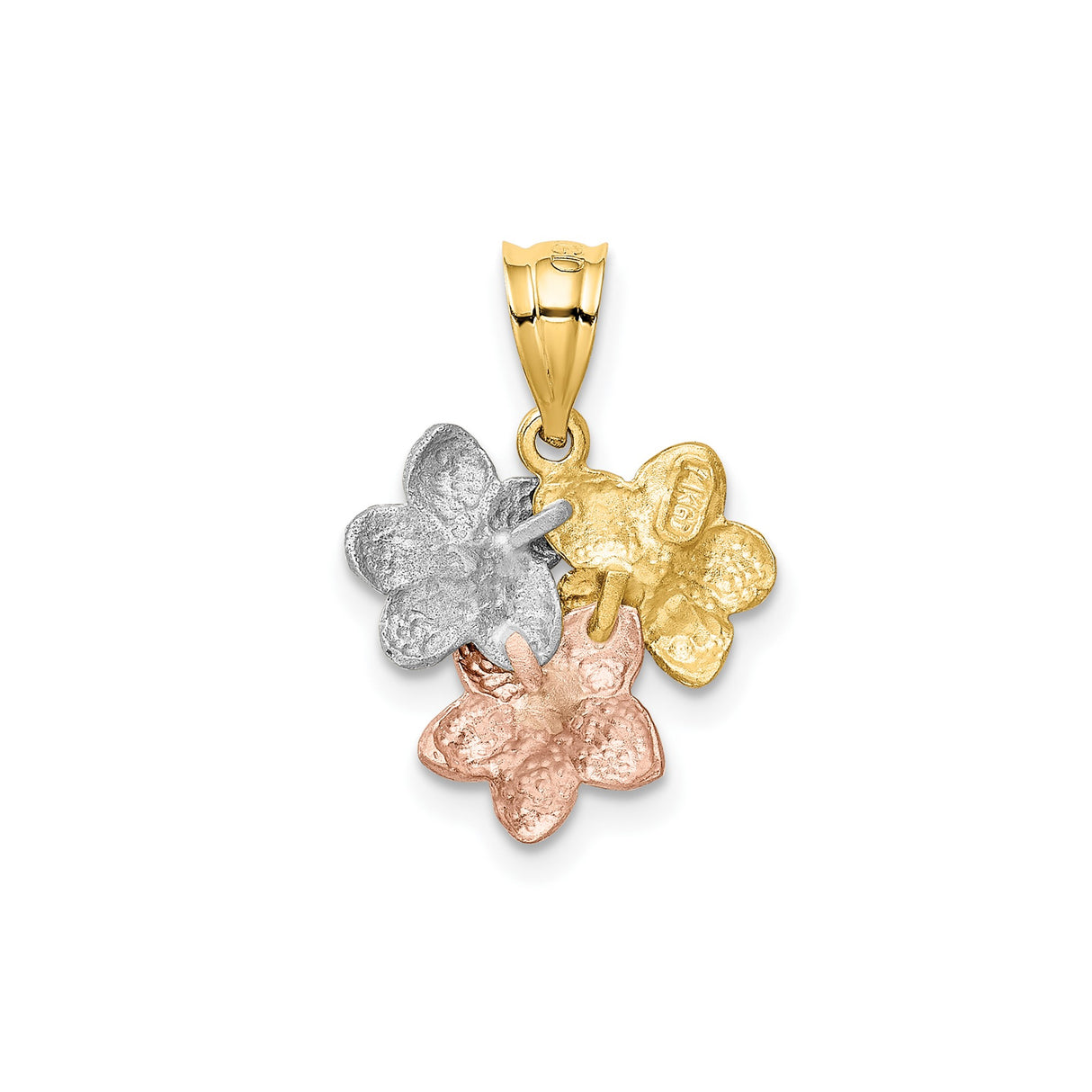 14k Tri Color Gold Plumeria Pendant with Three Bloom Floral Design