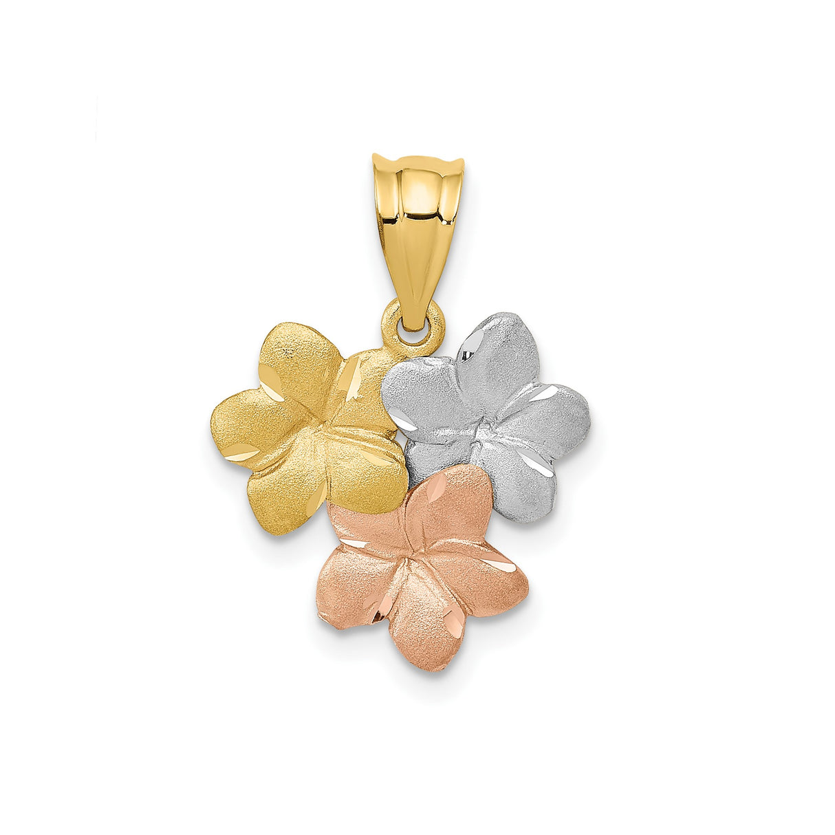 14k Tri Color Gold Plumeria Pendant with Three Bloom Floral Design