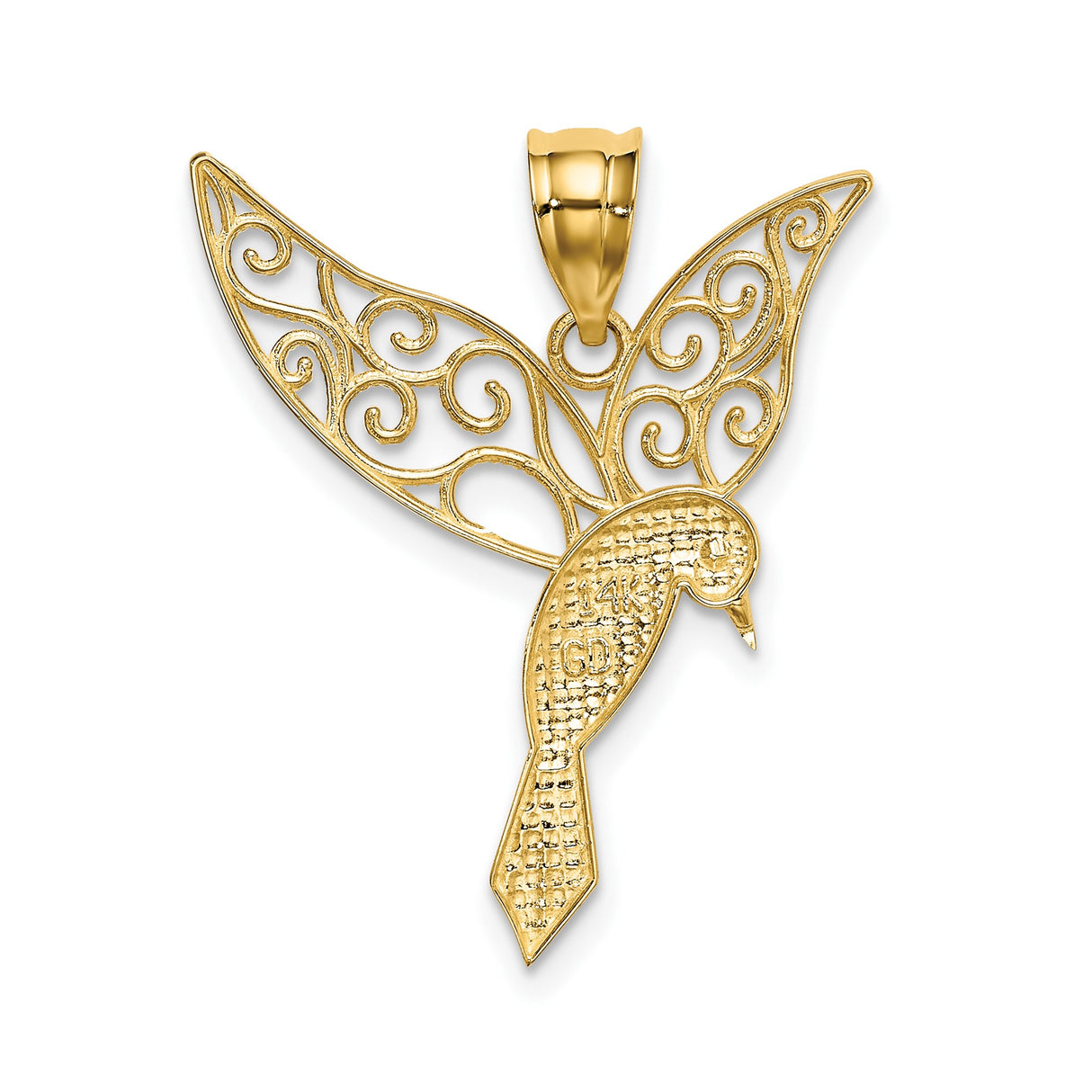 14k Yellow Gold Hummingbird Pendant with Filigree Wings, Nature-Inspired Bird Charm