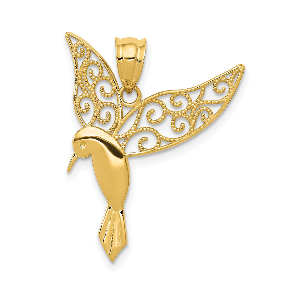 14k Yellow Gold Hummingbird Pendant with Filigree Wings, Nature-Inspired Bird Charm