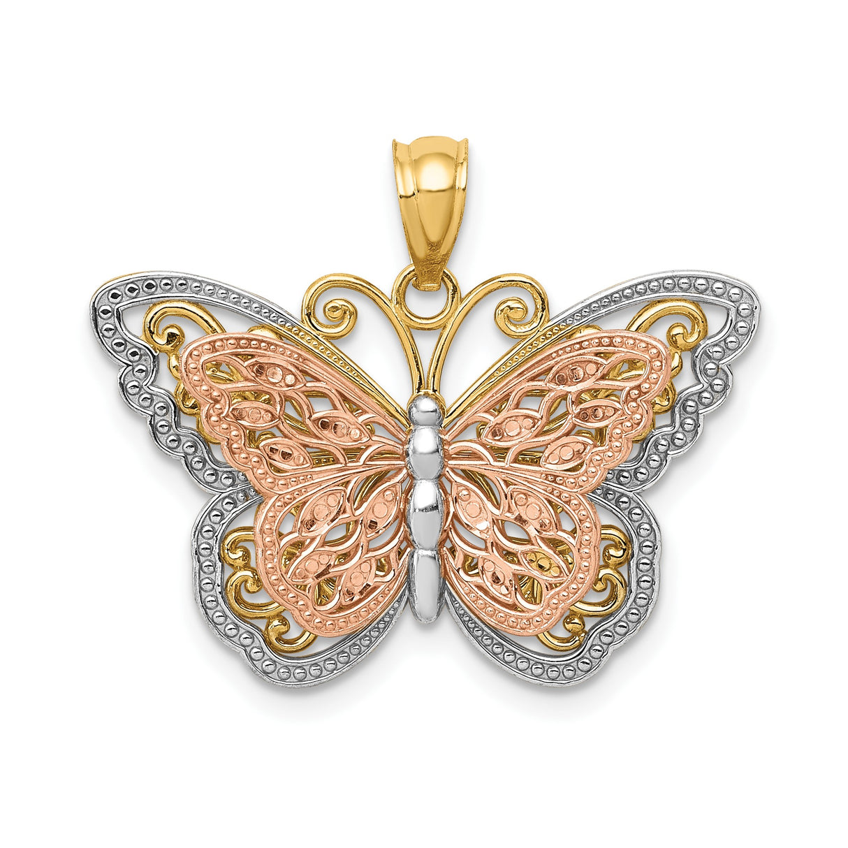14k Two-Tone Gold Butterfly Pendant with Filigree Design, Nature-Inspired Jewelry for Women