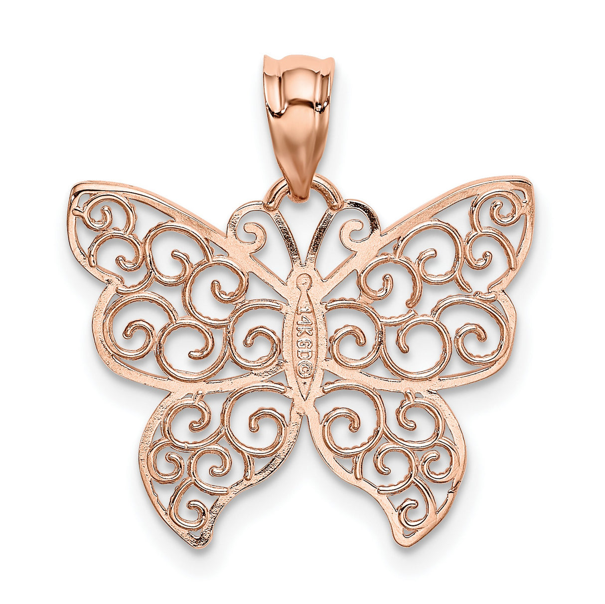 14k Rose Gold Butterfly Pendant with Filigree Detailing, Nature Motif Charm for Women