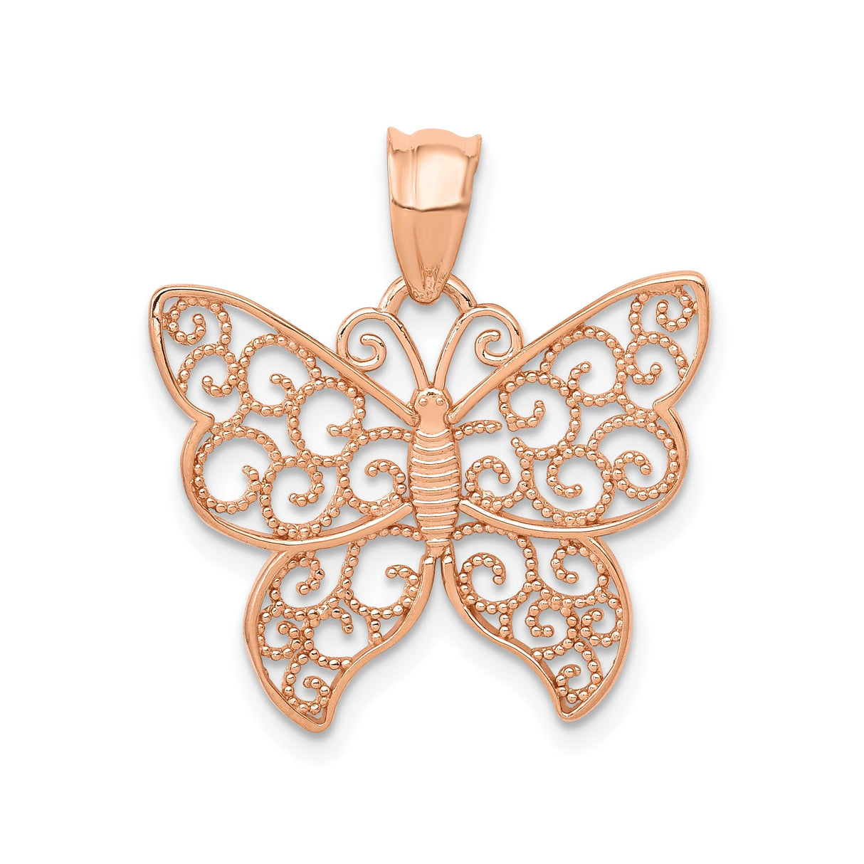 14k Rose Gold Butterfly Pendant with Filigree Detailing, Nature Motif Charm for Women