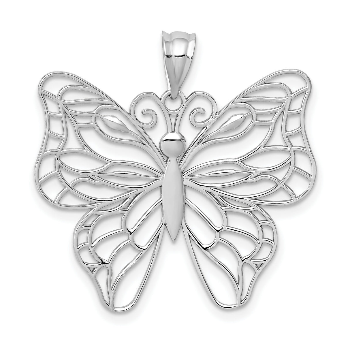 Large Polished Open Wing Butterfly Charm Pendant in Real 14k White Gold