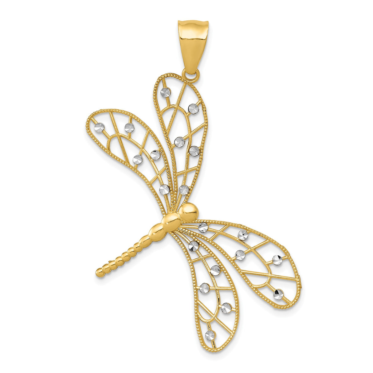 14k Multi-Tone Gold Dragonfly Pendant with Rhodium Accents and Filigree Wings