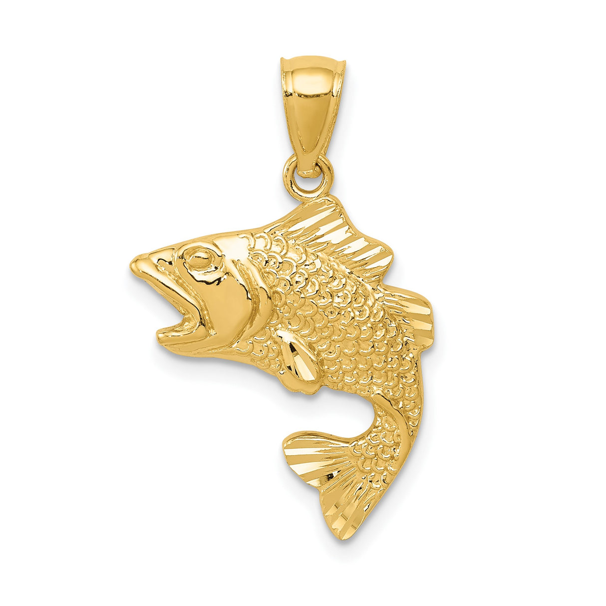 14k Yellow Gold Bass Fish Pendant, Jumping Motif Fishing Charm for Men