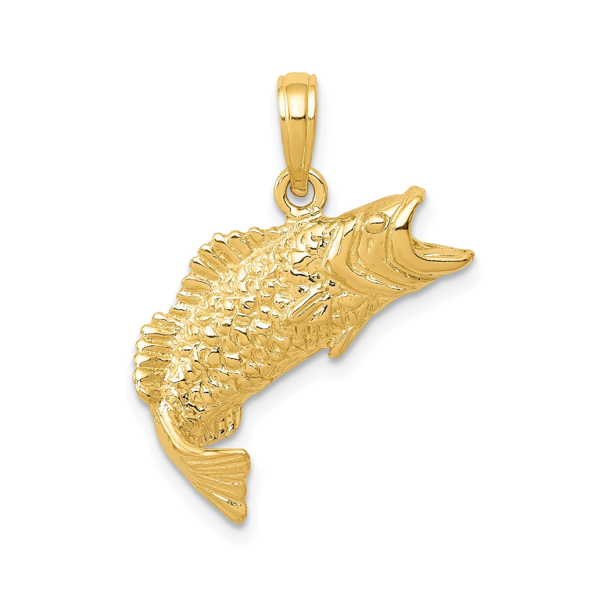 14k Yellow Gold Bass Pendant, Realistic Jumping Fish Design, Nature and Fishing Theme Charm