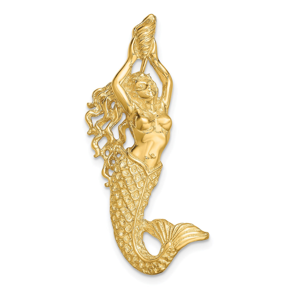 14k Yellow Gold Mermaid Pendant with Flowing Hair and Seashell, Nautical Charm for Women