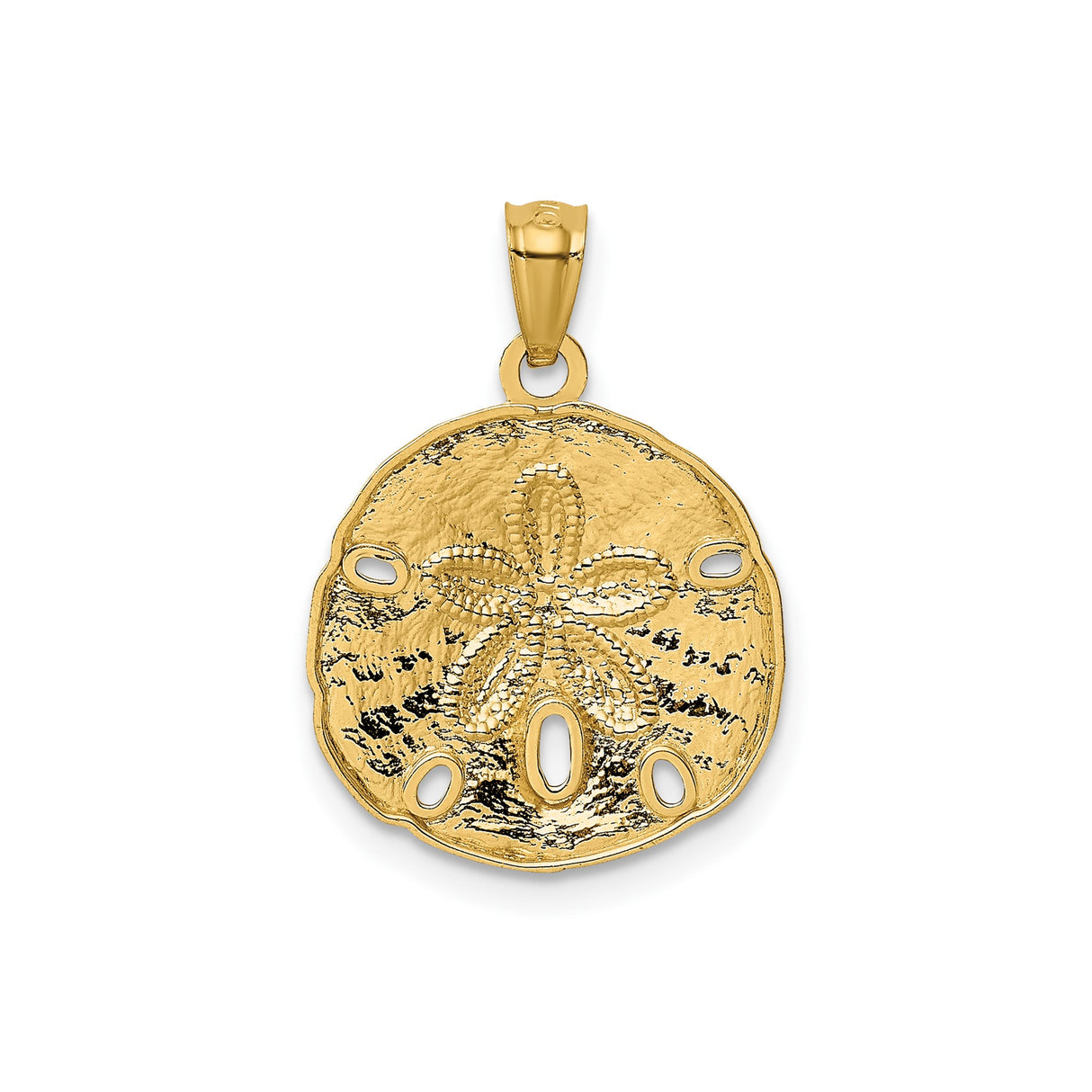 14k Yellow Gold Sand Dollar Pendant, Textured Nautical Beach Theme Charm for Women