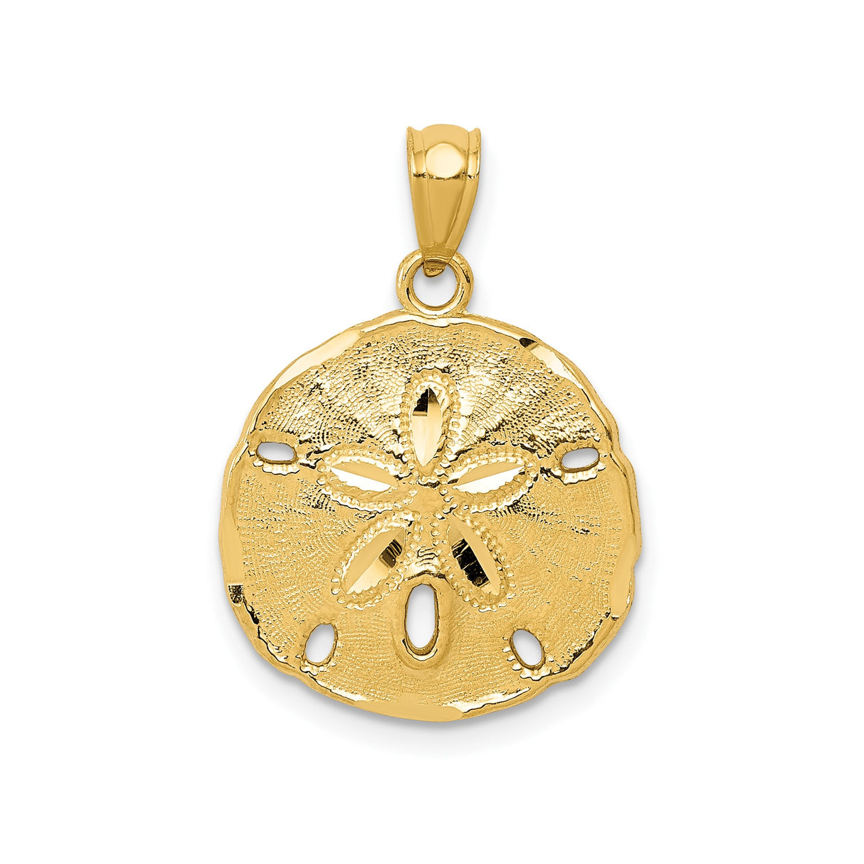 14k Yellow Gold Sand Dollar Pendant, Textured Nautical Beach Theme Charm for Women