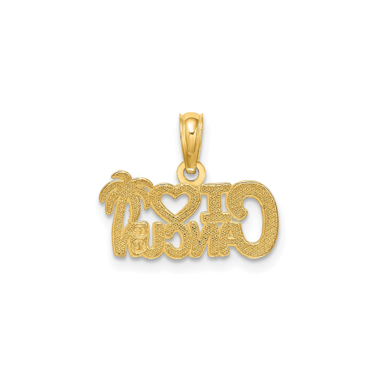 14k Yellow Gold Pendant with Heart and Palm Tree Design, I Love Cancun Travel Charm