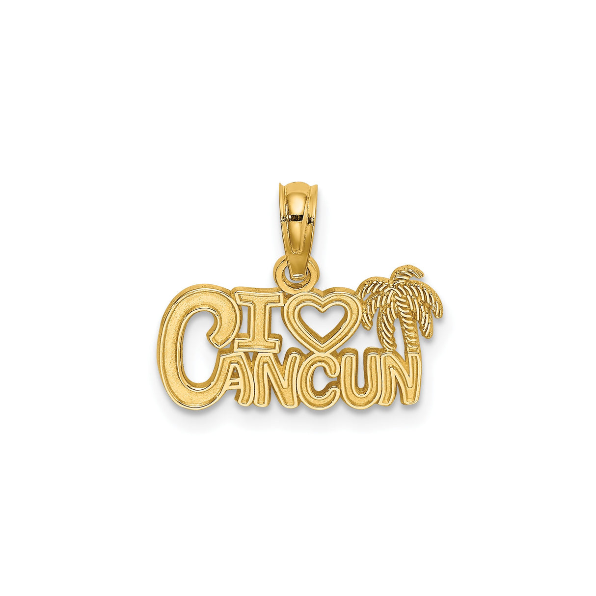 14k Yellow Gold Pendant with Heart and Palm Tree Design, I Love Cancun Travel Charm