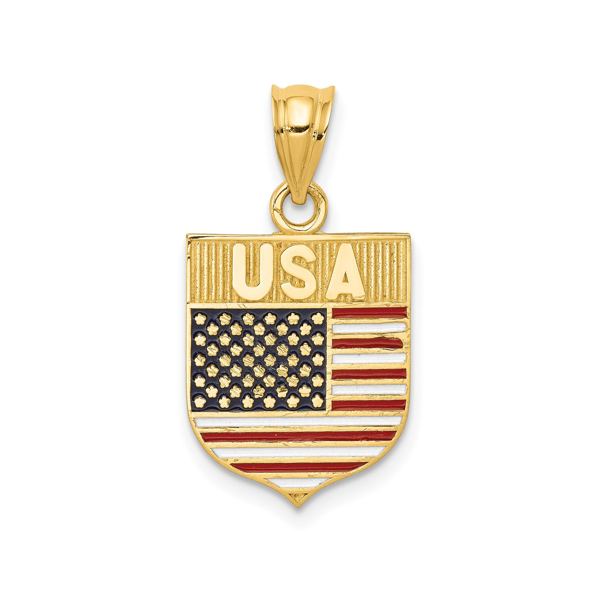 14k Yellow Gold USA Flag Shield Pendant with Red White Blue Enamel, Patriotic Charm