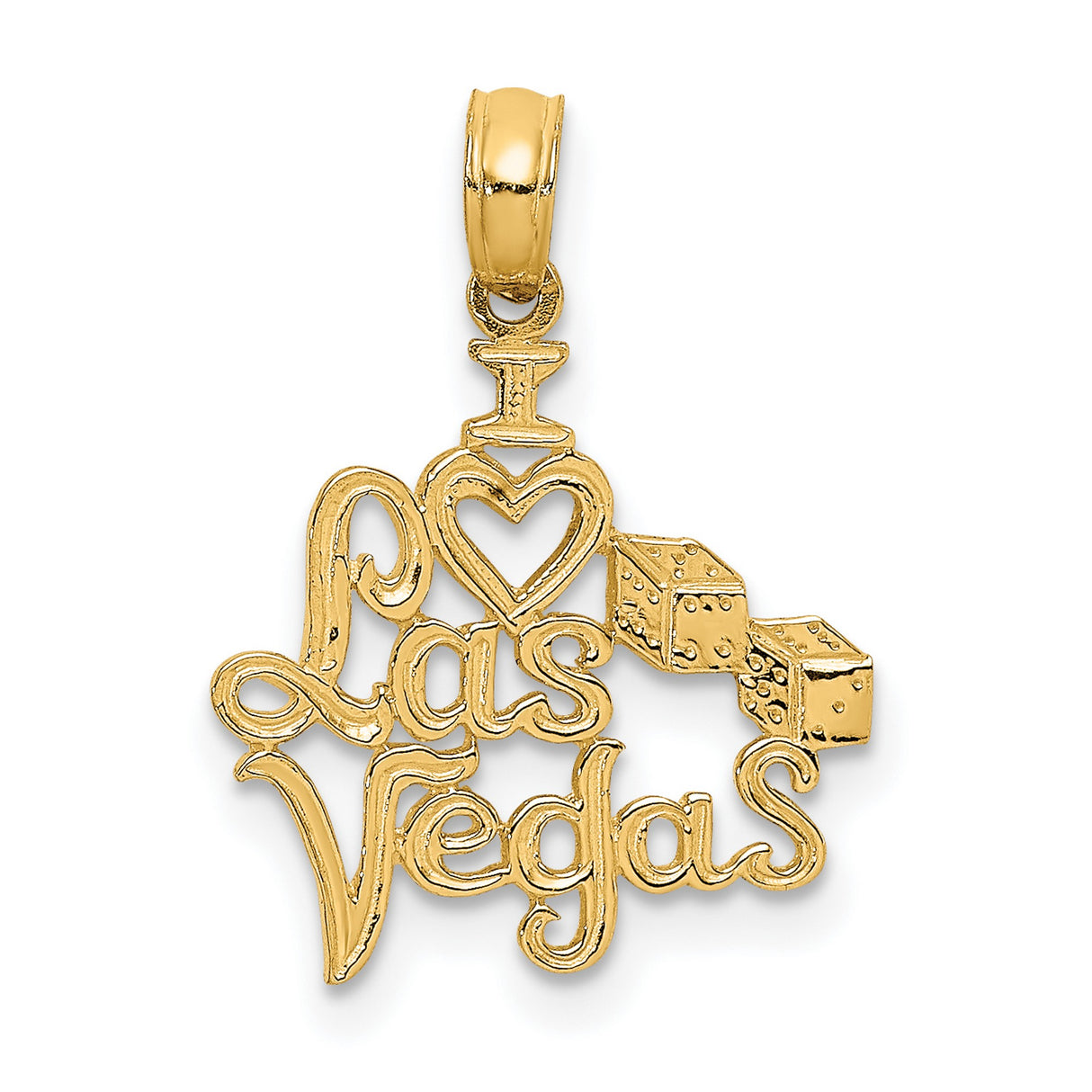 14k Yellow Gold Las Vegas Pendant with Dice, Playful Script Design, Unisex Charm