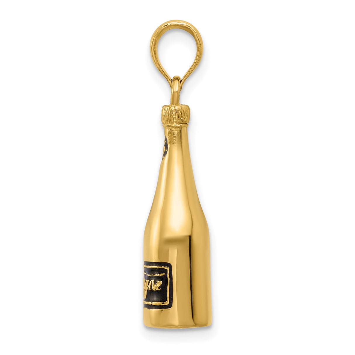14k Yellow Gold Champagne Bottle Pendant, 3D Celebration Charm with Bold Script Engraving