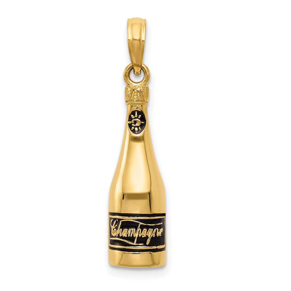 14k Yellow Gold Champagne Bottle Pendant, 3D Celebration Charm with Bold Script Engraving